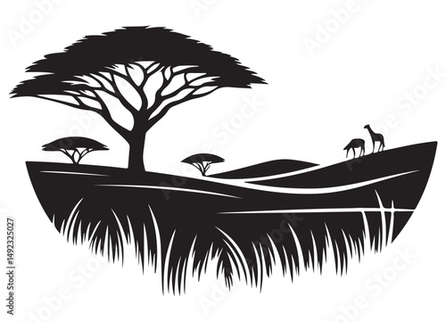 African safari landscape with acacia trees and giraffes silhouette vector