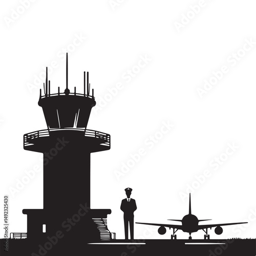 Silhouette of Airport Control Tower and Airplane Vector Design