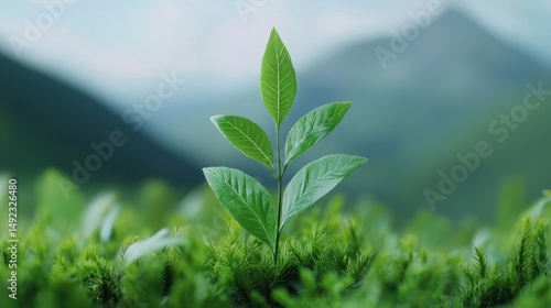 Green Sprout Emerging from Lush Green Moss in a Serene Natural Landscape with Soft Focus Background