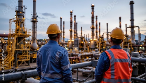 Industrial Workers Observing Oil Refinery Operations at Sunset in a Chemical Plant