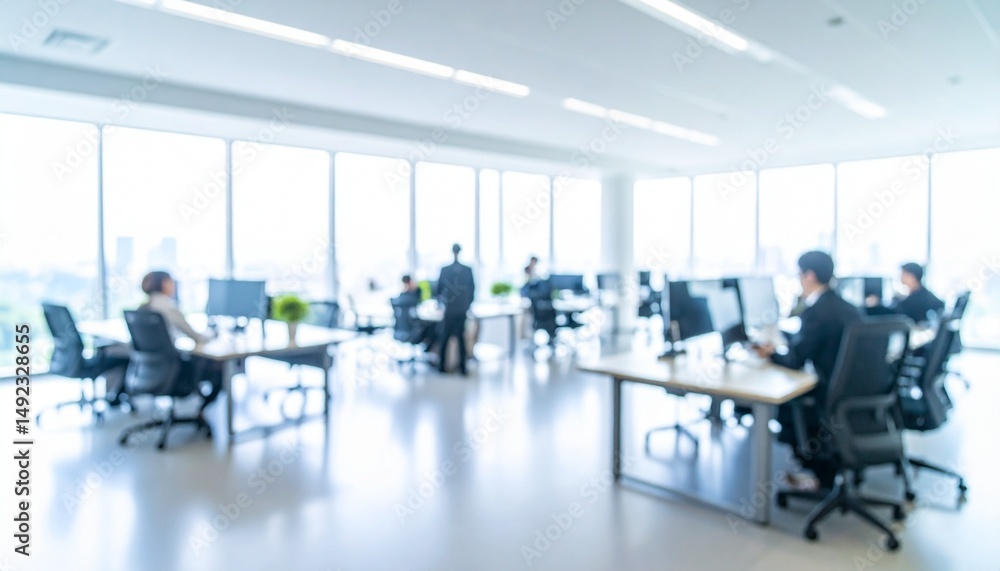 Fototapeta premium A softly blurred office interior with neutral tones and open-plan desks creates a clean, modern corporate atmosphere. Natural light streams through large windows, casting subtle highlights across the 