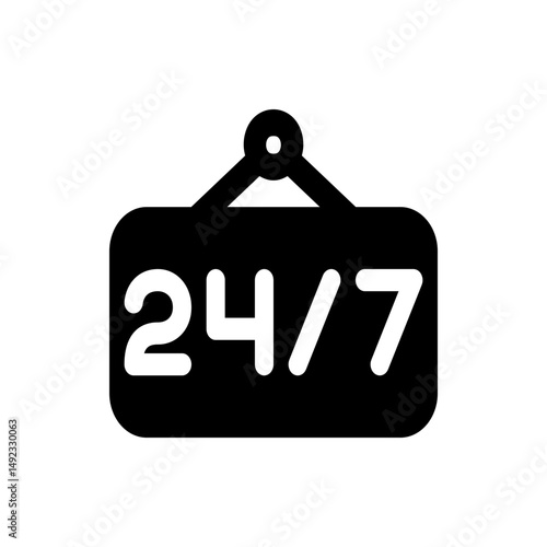 Illustration of a black sign hanging that reads twenty four seven indicating hours of operation daily service