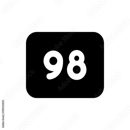 A simple graphic featuring the number ninety eight in white on a black rounded square background design element
