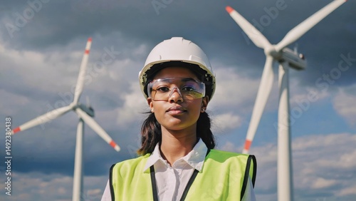 young black woman in helmet and reflective vest against wind turbines background