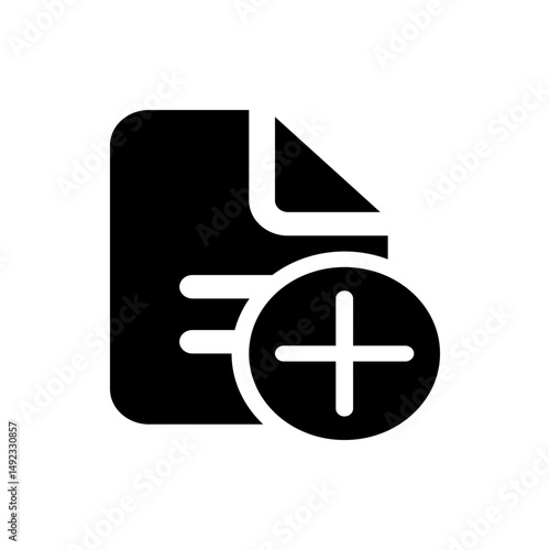 A black and white illustration of a document icon with a plus sign indicating addition or creation feature