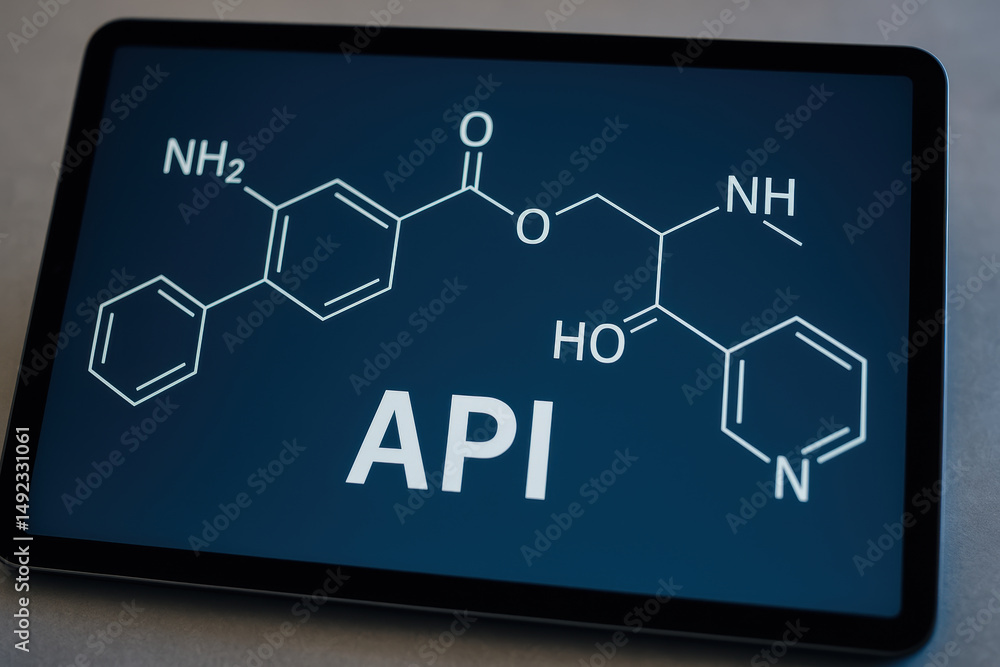 Fototapeta premium Active pharmaceutical ingredient api molecular structure on digital tablet screen with dark background and white chemical formula