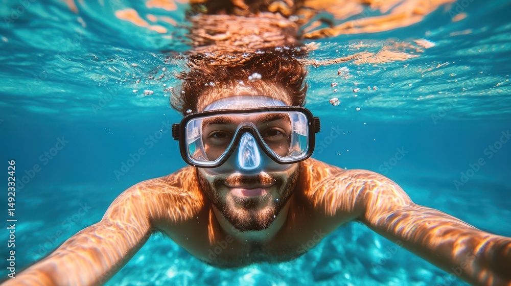 Fototapeta premium Underwater man snorkeling, ocean selfie, clear water, sunny day, travel
