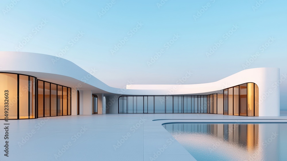Fototapeta premium Modern Minimalist Architecture with Curved Lines and Expansive Windows Surrounding a Tranquil Pool Area