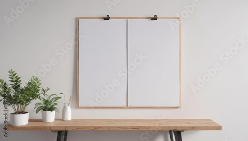 Modern poster mockup, wooden clips, white wall,  background,  simple