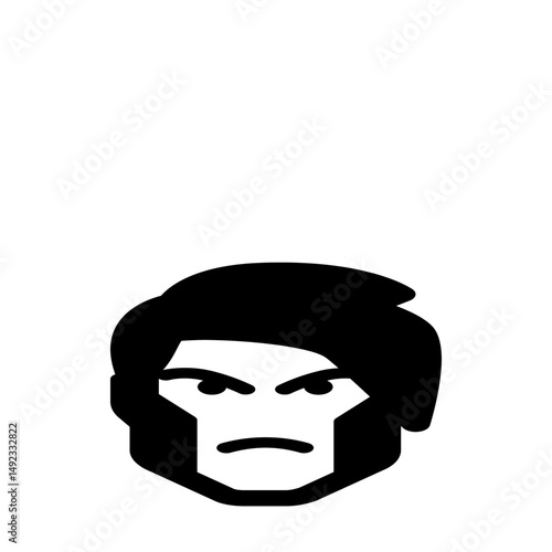 Illustration of a stern man with dark hair and a beard, expressing a serious or angry facial expression