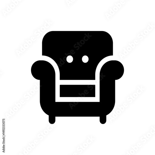 Illustration of a black armchair with rounded armrests and two circular details on the backrest design