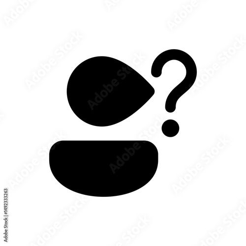 Black silhouette of an abstract shape with a question mark above a curved container like form image