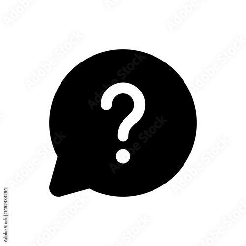 Black speech bubble with a white question mark inside it indicating a query or uncertain information source