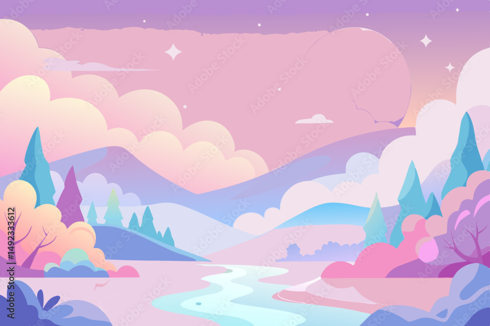 Pastel landscape illustration with transparent background for design projects Pastel landscape illustration with transparent background for design projects
