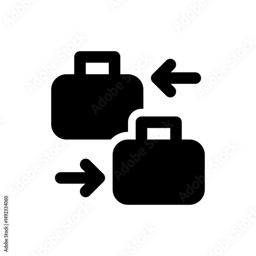 Two black briefcases with handles and arrows pointing towards each other on a white background design