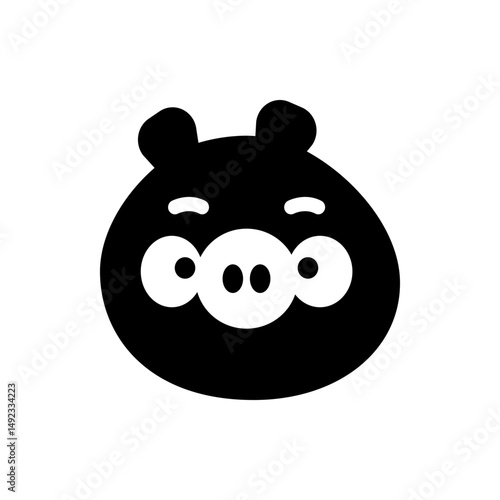 Illustration of a black pig head with white eyes and snout on a white background in a cartoon style