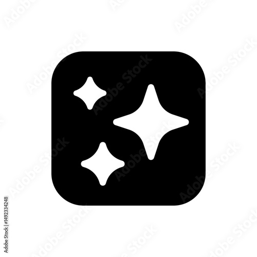 Illustration of a black square with rounded corners containing three white four pointed stars inside it