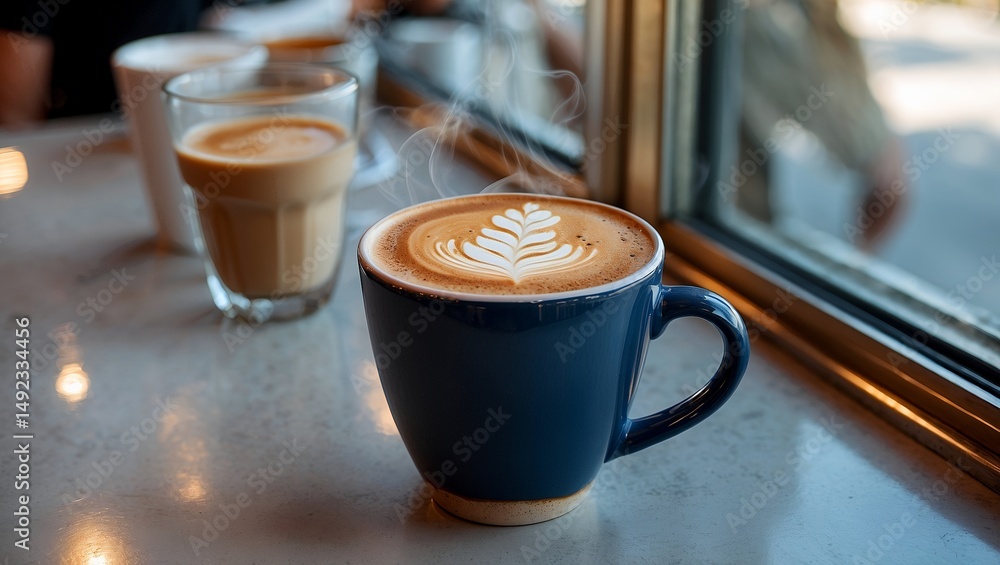 Fototapeta premium Delightful hot latte in navy mug at miami beach