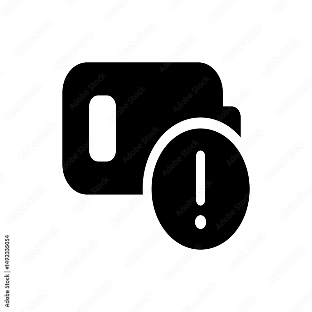 Illustration of a low battery symbol with an exclamation mark indicating a warning or error state shown Illustration of a low battery symbol with an exclamation mark indicating a warning or error state shown