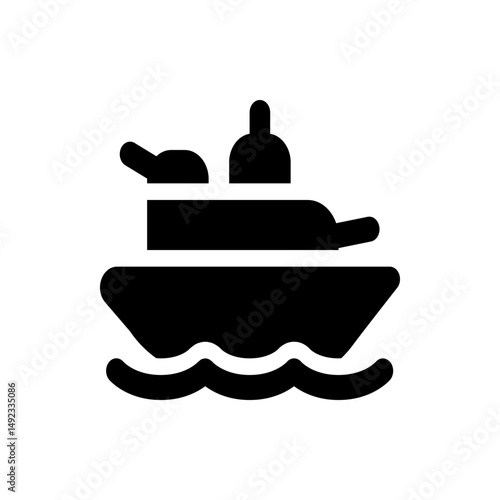 Illustration of a black silhouette of a boat with two structures on top sailing on wavy water surface
