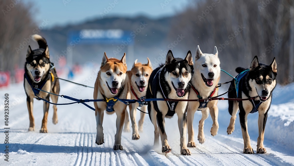 Naklejka premium Dogs collaborate in tandem for sled race victory