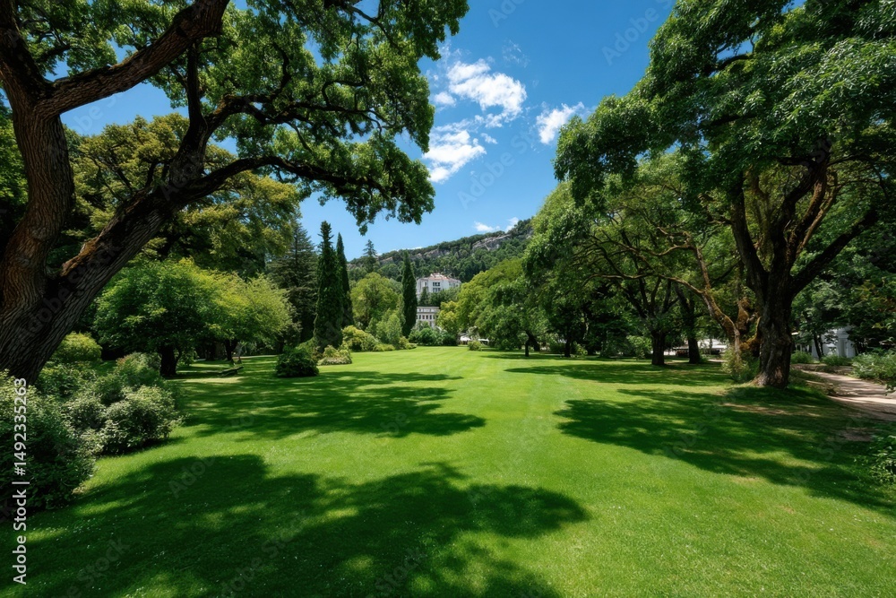 Expansive green park with lush trees and clear blue sky in a serene environment near a hillside residence Expansive green park with lush trees and clear blue sky in a serene environment near a hillside residence