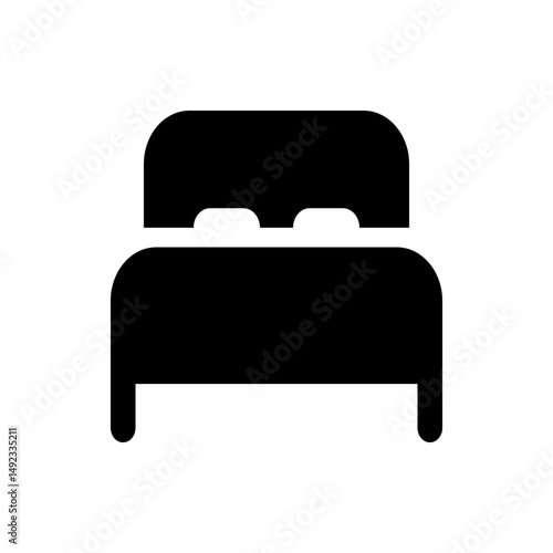 Illustration of a double bed with headboard and two pillows in solid black color on a white background