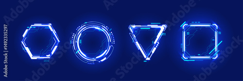 Abstract HUD neon light blue portals with circuit board elements. AI chip, quantum processor. Futuristic technology innovation concept. Bright light neon frames in geometric forms. Digital vector set