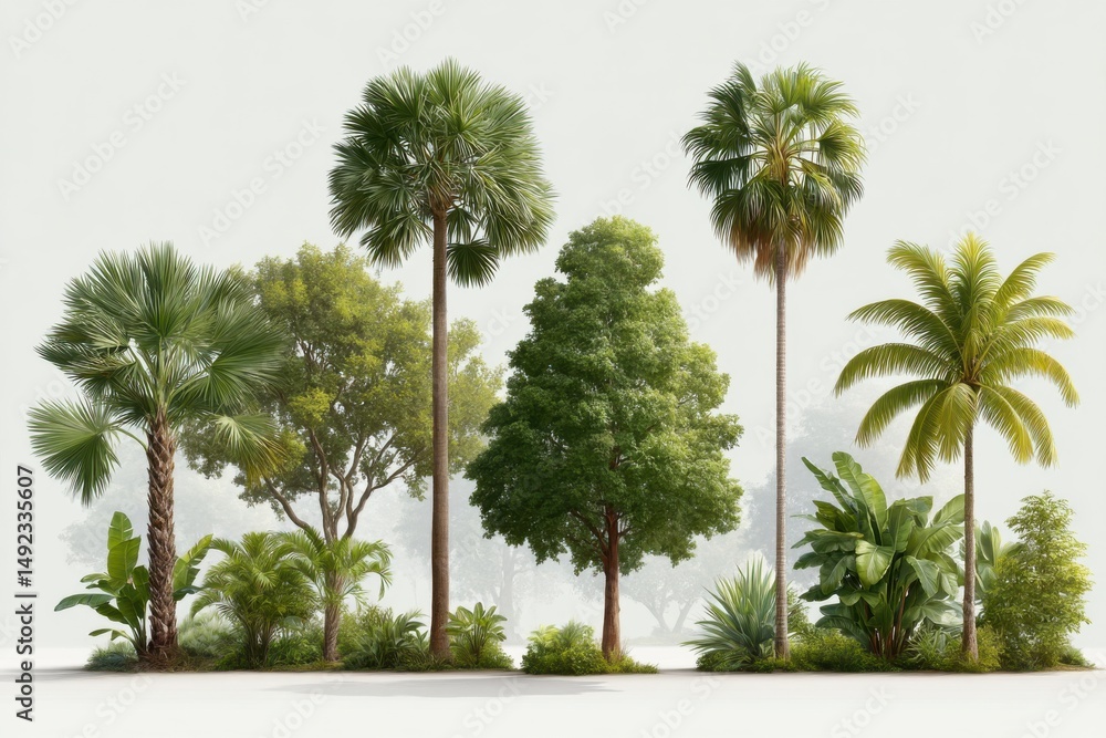 Fototapeta premium Various types of tropical plants in a bright, clean outdoor setting surrounded by greenery and sunlight