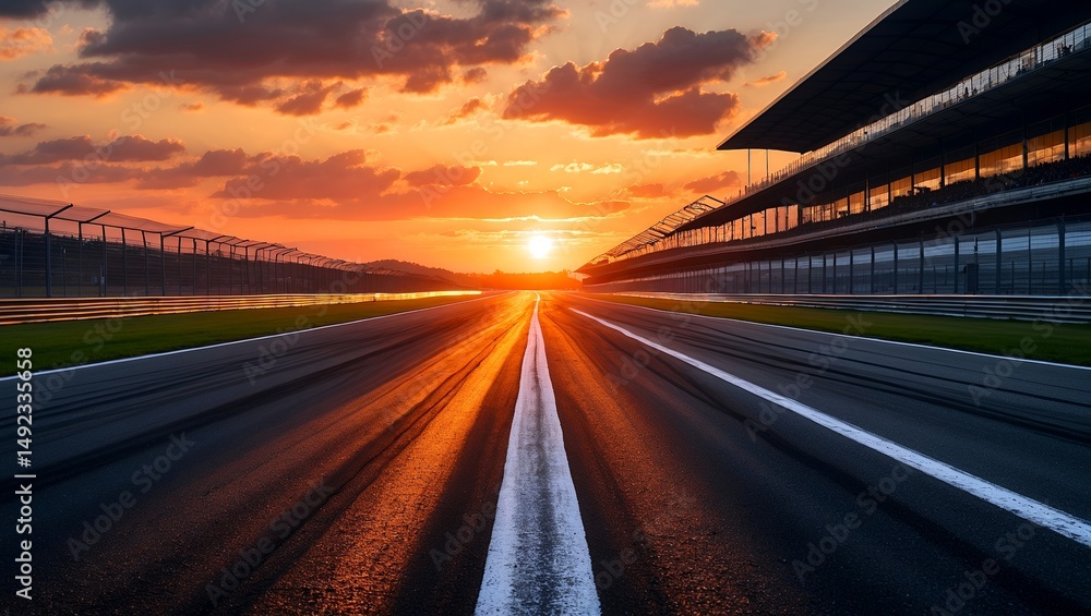 Obraz premium Dramatic sunset over racetrack asphalt finish line