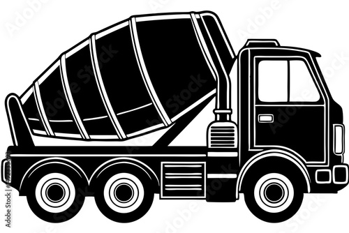 Black side profile silhouette of a concrete mixer truck design, cement mixer, truck, construction, vehicle, concrete, mixer, silhouette, side profile, black, design, vector, illustration, construction