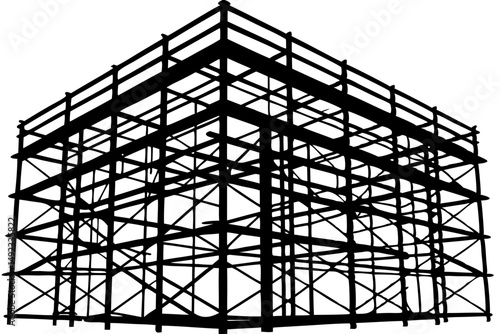 Black silhouette of scaffolding in frontal and slightly angled view, scaffolding, construction, building, silhouette, vector, design, illustration, architecture, structure, framework, construction sit