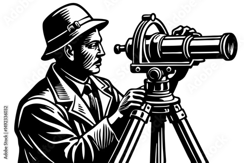 Retro vector illustration of an astronomer with telescope on transparent, astronomer, telescope, science, astronomy, vintage, retro, black and white, illustration, vector, transparent, cut out, isolat