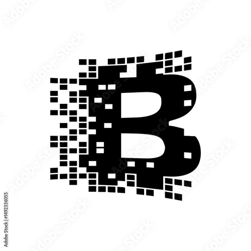 Bitcoin symbol partially pixelated with scattered squares on a white background digital currency concept