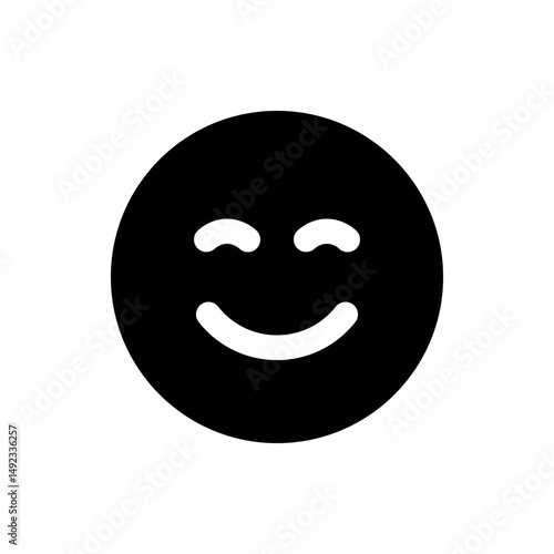 Illustration of a black round smiley face with closed eyes and a curved mouth indicating happiness and joy