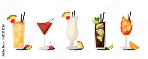 Summer Vintage cocktails set. Refreshing alcoholic drinks with fruit, ice and straws isolated on white background. Design elements for bar, menu, pub, party