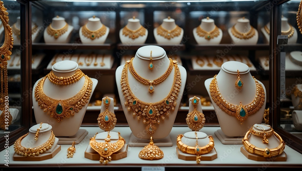Fototapeta premium Elegant gold jewelry displayed in jeweler's showcase