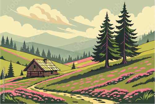 120 a scenic countryside with rolling hills, vibrant flowerbeds, a wooden cabin, and lush green pine trees, beautiful landscape, highly detailed, realistic, studio quality, photographic, 8k resolution