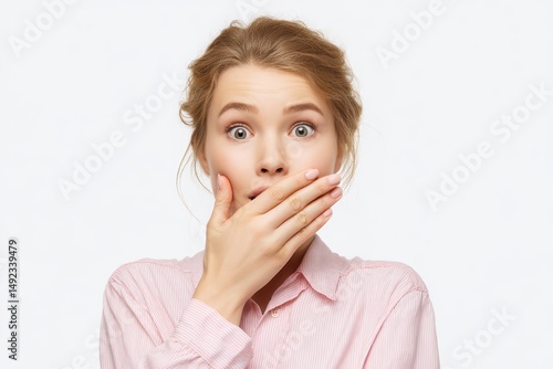 Surprised Female in Pink Shirt Holding Back Laughter is a professional stock visual perfect for advertising, digital content, entertainment, or editorial storytelling with a modern and engaging style.