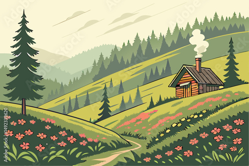 120 a scenic countryside with rolling hills, vibrant flowerbeds, a wooden cabin, and lush green pine trees, beautiful landscape, highly detailed, realistic, studio quality, photographic, 8k resolution