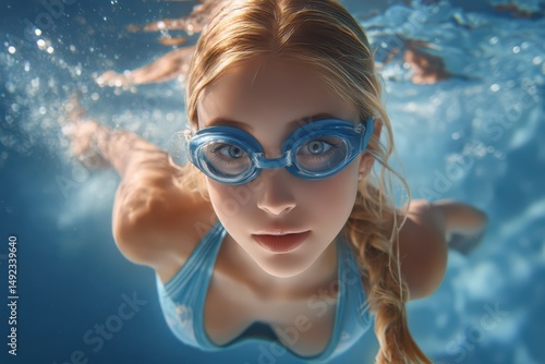 Swimmer Girl Posing in Blue Underwater Scene is a professional stock visual perfect for advertising, digital content, entertainment, or editorial storytelling with a modern and engaging style.