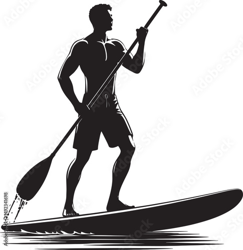 Silhouette of muscular man paddleboarding with paddle in black and white image art