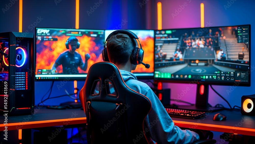 Obraz premium Empty gaming setup with dual screens and headset