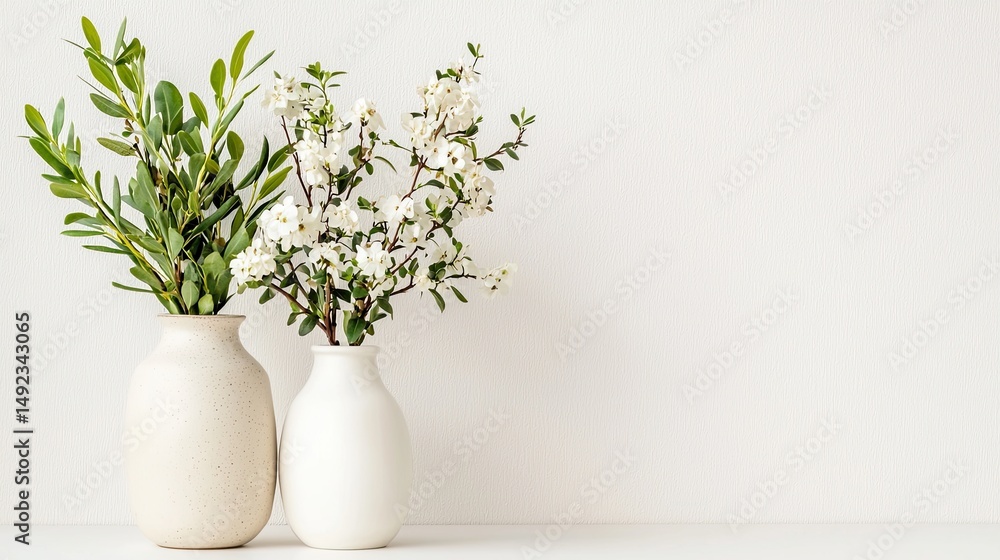 Fototapeta premium Elegant Vases with Green Leaves and White Flowers on Neutral Background