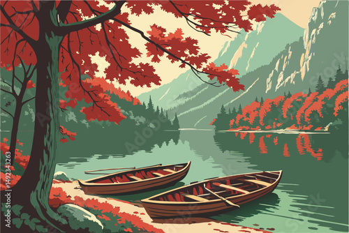 121 detailed autumn landscape, lush foliage, vibrant red leaves, green waters, wooden boats, scenic and serene, highly detailed, hyperrealistic, colorful, 8k, award winning, nature photography