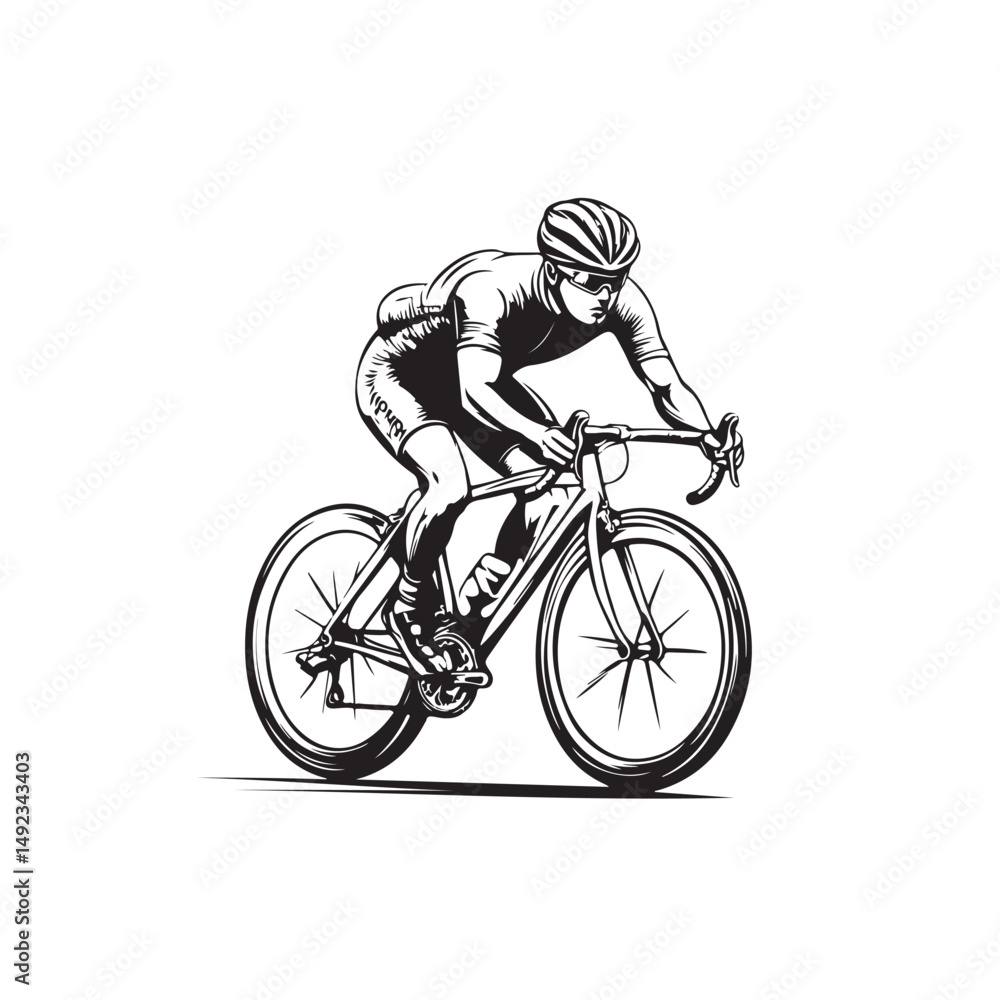 Naklejka premium Vector illustration of a man racing a bicycle in a dynamic and energetic pose, isolated on white background.