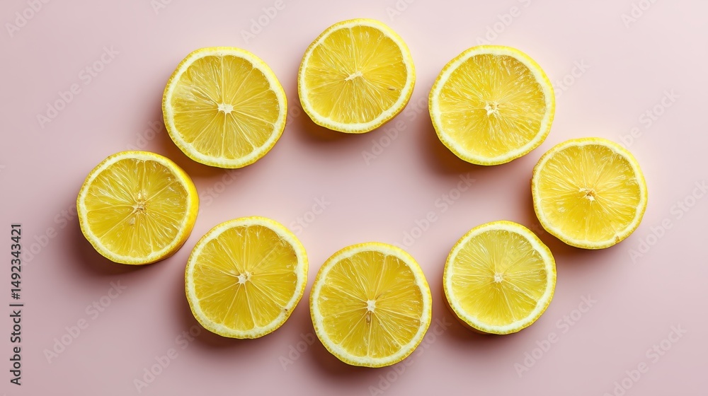 Fototapeta premium Top View Lemon Slices Arranged in Circle on Pastel Background