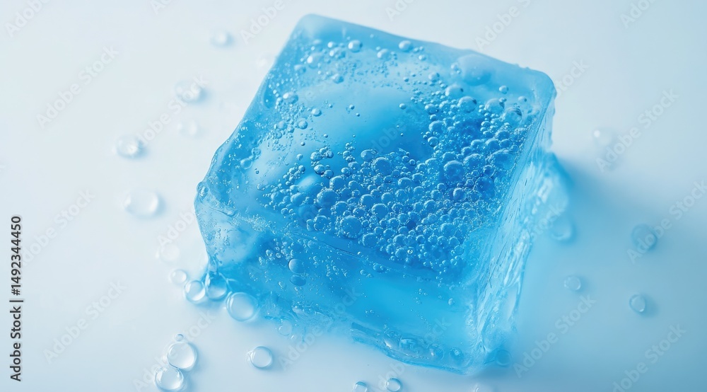 A single, vibrant blue ice cube, translucent and full of tiny bubbles, rests on a light-toned surface with water droplets A single, vibrant blue ice cube, translucent and full of tiny bubbles, rests on a light-toned surface with water droplets
