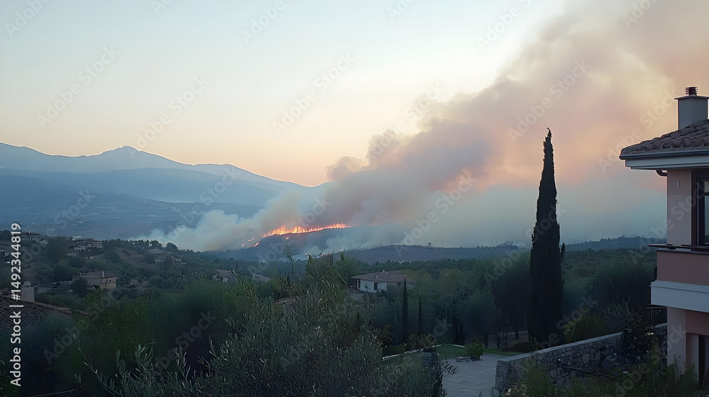 Fototapeta premium Distant Forest Fire At Sunset Over Hills And Mountains