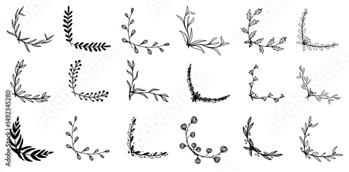 Floral hand drawn border ornament frame half corner rectangle wedding flourish doodle sketch monochrome set in minimalistic rustic vintage style.